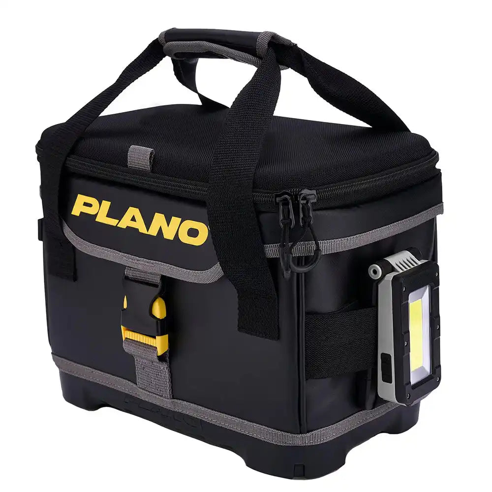 Black Plano tool bag with yellow logo and LED light attachment.