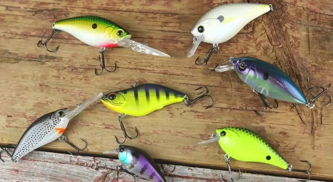 Collection of colorful fishing lures with hooks and treble hooks.