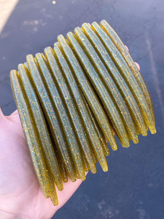 Obee 5" Stick Worm – Custom Green Pumpkin w/ Black, Gold & Blue Flake + Pearl Highlight (24-Count Bulk Pack)