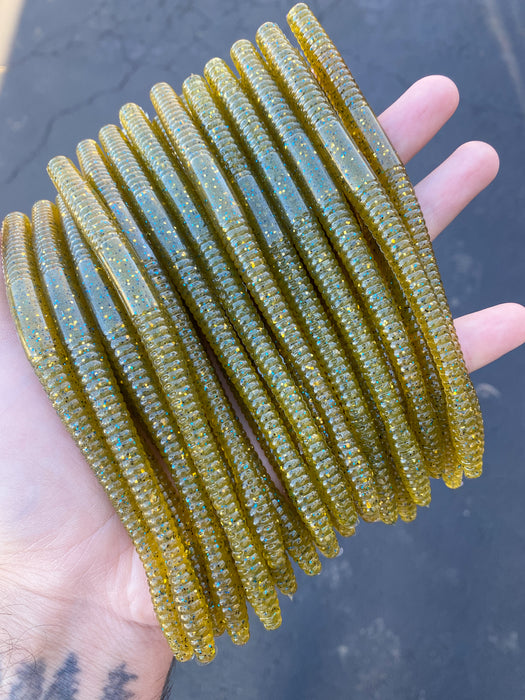 Obee 6" Finesse Worm – Custom Green Pumpkin w/ Black, Gold & Blue Flake + Pearl Highlight (24-Count Bulk Pack)
