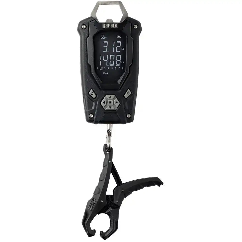 Digital fish scale with LCD display and grip clamp.