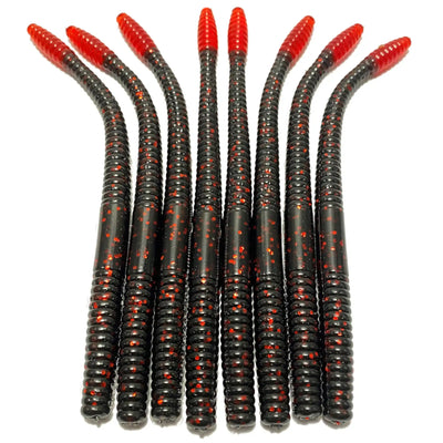 Eight black and red ribbed plastic fishing worms arranged in a row.