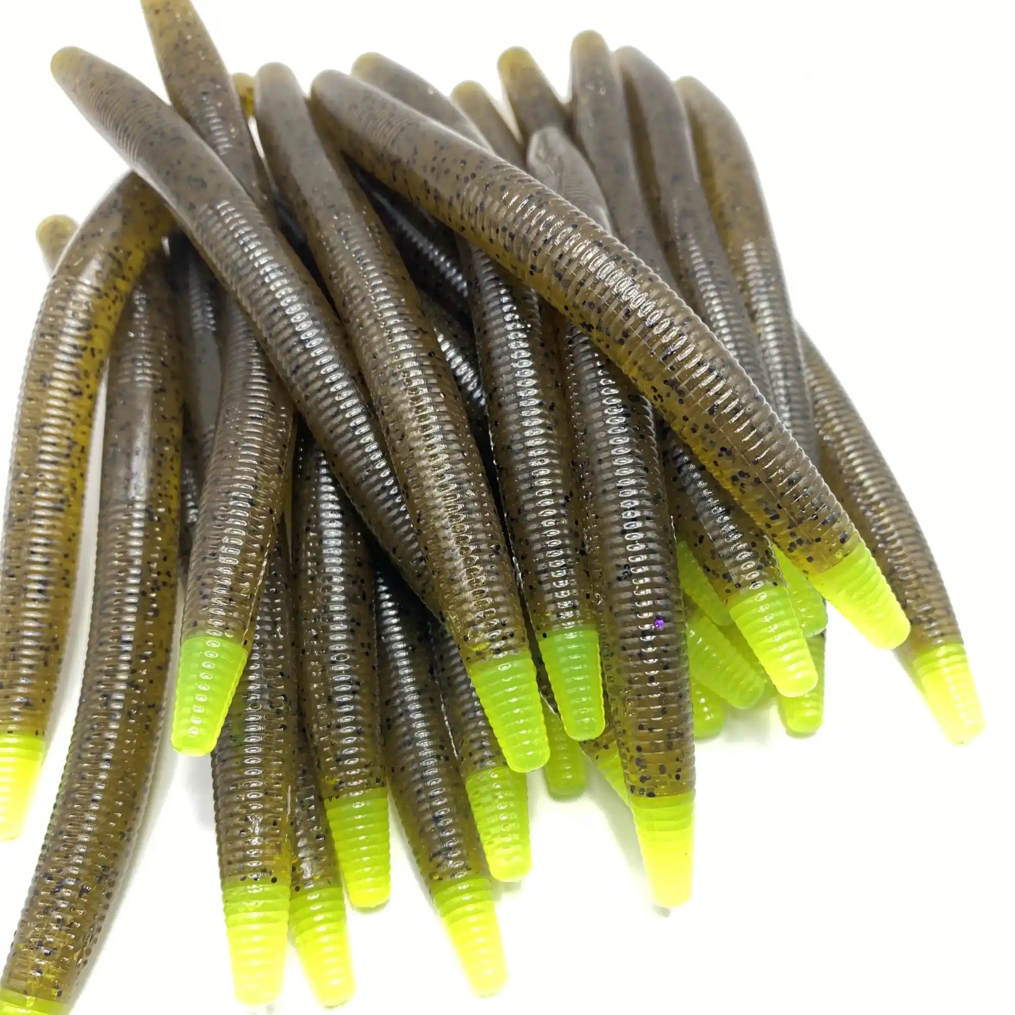 bass fishing lures pile 5" Stick Worm – Green Pumpkin Chartreuse Tip