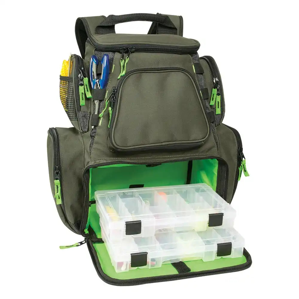 Olive green fishing tackle backpack with storage compartments and clear plastic organizer boxes.