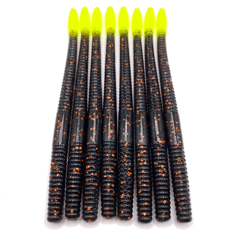 6" Finesse Worm | Black Orange Flake with Chartreuse Tail
