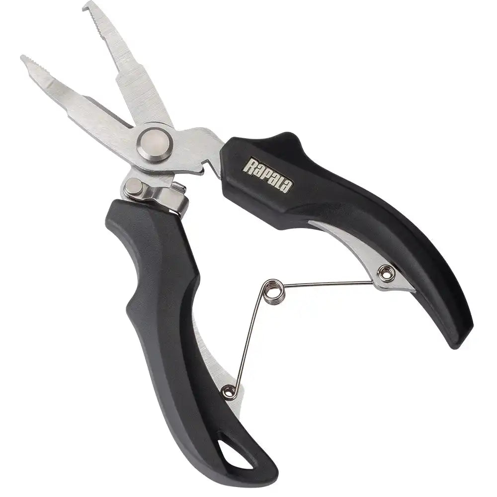 Stainless steel fishing pliers with black rubber grip handles.