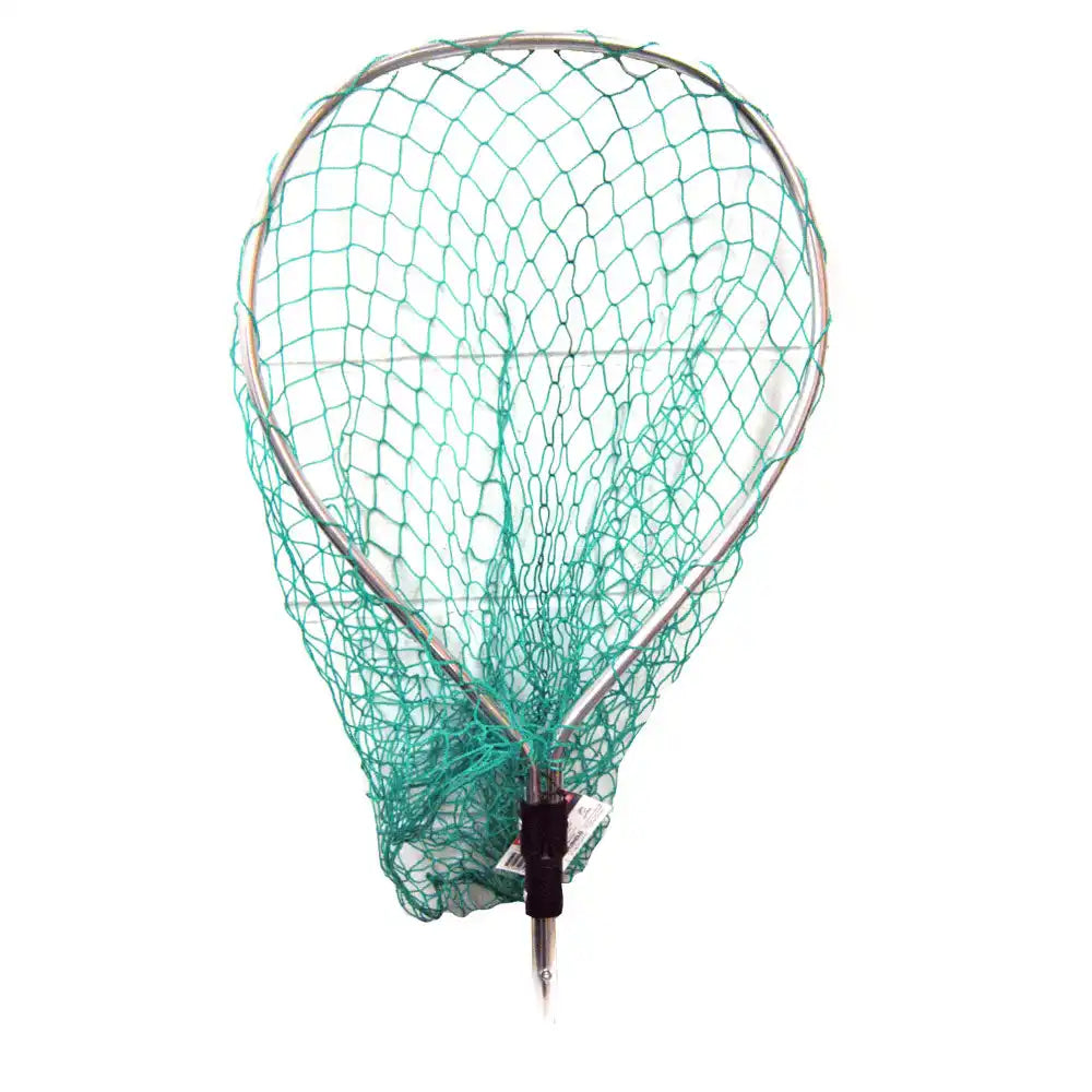 Turquoise fishing net with a wooden handle.